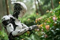 A humanoid robot gently touches delicate pink flowers, garden background, concept of the harmony between artificial Royalty Free Stock Photo