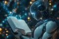 Humanoid robot with glowing circuitry reading an open book, symbolizing AI knowledge acquisition. Royalty Free Stock Photo