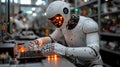 A humanoid robot with glowing features working on a laptop in a high-tech workshop filled with gadgets