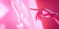 humanoid robot hand interacting with digital interface in pink light