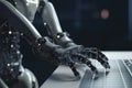 Humanoid robot hands typing on a computer keyboard. Generative AI Royalty Free Stock Photo
