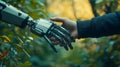 Humanoid robot handshake to collaborate future technology development.AI thinking brain and representing future technology