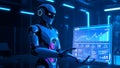 humanoid robot holding glowing hologram screen with data analytics Royalty Free Stock Photo