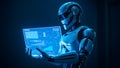 humanoid robot holding glowing hologram screen with data analytics Royalty Free Stock Photo