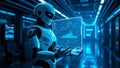 humanoid robot holding glowing hologram screen with data analytics Royalty Free Stock Photo