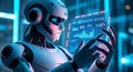 humanoid robot holding glowing hologram screen with data analytics Royalty Free Stock Photo