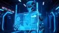 humanoid robot holding glowing hologram screen with data analytics Royalty Free Stock Photo