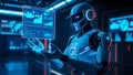 humanoid robot holding glowing hologram screen with data analytics Royalty Free Stock Photo