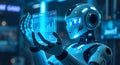humanoid robot holding glowing hologram screen with data analytics Royalty Free Stock Photo