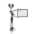 A humanoid robot holds a blank white sheet in a black frame on a white background. Future concept with smart robotics and artifici
