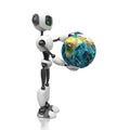 A humanoid robot holds the planet Earth in its hands. Illustration on a white background. Future concept with smart robotics and a