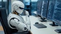 Humanoid robot intently analyzing code on multiple computer monitors in a modern office. Royalty Free Stock Photo