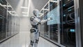 Humanoid Robot Interacting with Virtual Control Panel Inside Modern Data Center Illustrating Artificial Intelligence and Royalty Free Stock Photo