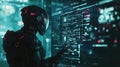 A humanoid robot interacts with a digital interface filled with data in a futuristic technology setting Royalty Free Stock Photo