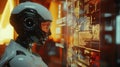 A humanoid robot interacts with a digital interface filled with data in a futuristic technology setting Royalty Free Stock Photo