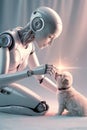 A humanoid robot interacts gently with a small puppy, creating a moment of connection illuminated by a soft glow
