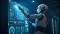 A humanoid robot interacts with a futuristic, glowing touch screen displaying complex data and graphs in a dimly lit Royalty Free Stock Photo