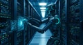 A humanoid robot interacts with a holographic interface in a server room