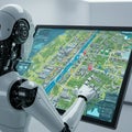 A humanoid robot interacts with a large digital touchscreen displaying a detailed city Royalty Free Stock Photo