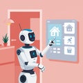 A humanoid robot interacts with a smart home control panel in a modern, minimalist Royalty Free Stock Photo