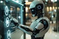 A humanoid robot interacts with a touchscreen interface, displaying AI functions, in a modern setting. Generative AI Royalty Free Stock Photo