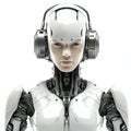 Humanoid robot listening to music with headphones on white background Royalty Free Stock Photo
