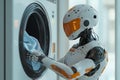 Humanoid robot loading clothes into washing machine