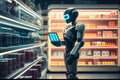 Humanoid robot makes purchases in the grocery store. Future concept with robotics and artificial intelligence.