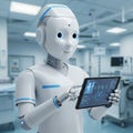 A humanoid robot in a medical setting holds a tablet displaying medical data,
