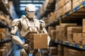 A humanoid robot moving boxes Royalty Free Stock Photo