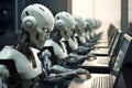 Humanoid robot office workers working in a call centre on a laptop computer