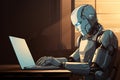 Humanoid robot office workers working from home on a laptop computer