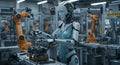 A humanoid robot is operating in an advanced industrial setting, manipulating