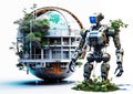 An anthropogenic robot overgrown with foliage, moss and grass on a white background.