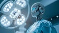 Humanoid robot performing advanced diagnostics in high-tech environment with surgical lights. concept of artificial intelligence Royalty Free Stock Photo