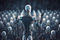 Humanoid robot performs from podium in front of audience. Future, artificial intelligence. Cyborg robots in Parliament