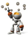 A humanoid robot that points to one of multiple spheres floating in the air.