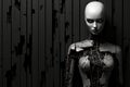 Humanoid Robot Portrait with Abstract Pixelation and Digital Noise on Dark Background, Empty space