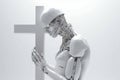 Humanoid robot praying near the cross. Religion and science concept. Creation of a new intelligent life concept