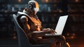 Humanoid robot programmer with computer. Generative AI Royalty Free Stock Photo