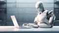 Humanoid robot programmer with computer. Generative AI Royalty Free Stock Photo