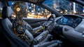 Humanoid robot programming on computer in modern office Royalty Free Stock Photo