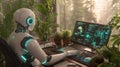 Humanoid robot programming on computer in modern office Royalty Free Stock Photo