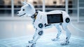 Humanoid robot programming on computer in modern office Royalty Free Stock Photo