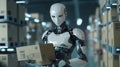 Humanoid robot programming on computer in modern office Royalty Free Stock Photo