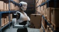 Humanoid robot programming on computer in modern office Royalty Free Stock Photo