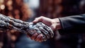 A humanoid robot reaches out its robotic hand to meet a human. Generative AI