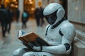 Humanoid Robot Reading Books in Library, Concept of Future Technological Development and Knowledge Background