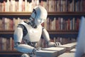 Humanoid robot reading books in a library. Generative AI.