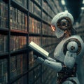 A humanoid robot reads a book in a dimly lit library, representing the blend of traditional learning. Royalty Free Stock Photo